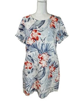 Tommy Bahama Linen Floral Shift Dress with pockets, blue, coral, white. Size M